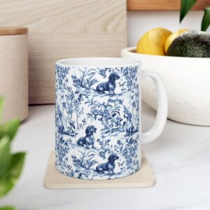 Dachshund French Toile Ceramic Mug – Blue Vintage Dog Lover’s Cup