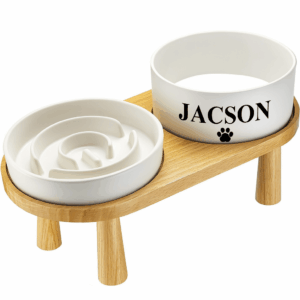 Handcrafted Ceramic Slow Feeder Dog Bowl with Elevated Wooden Stand- Personalized with Pet's Name